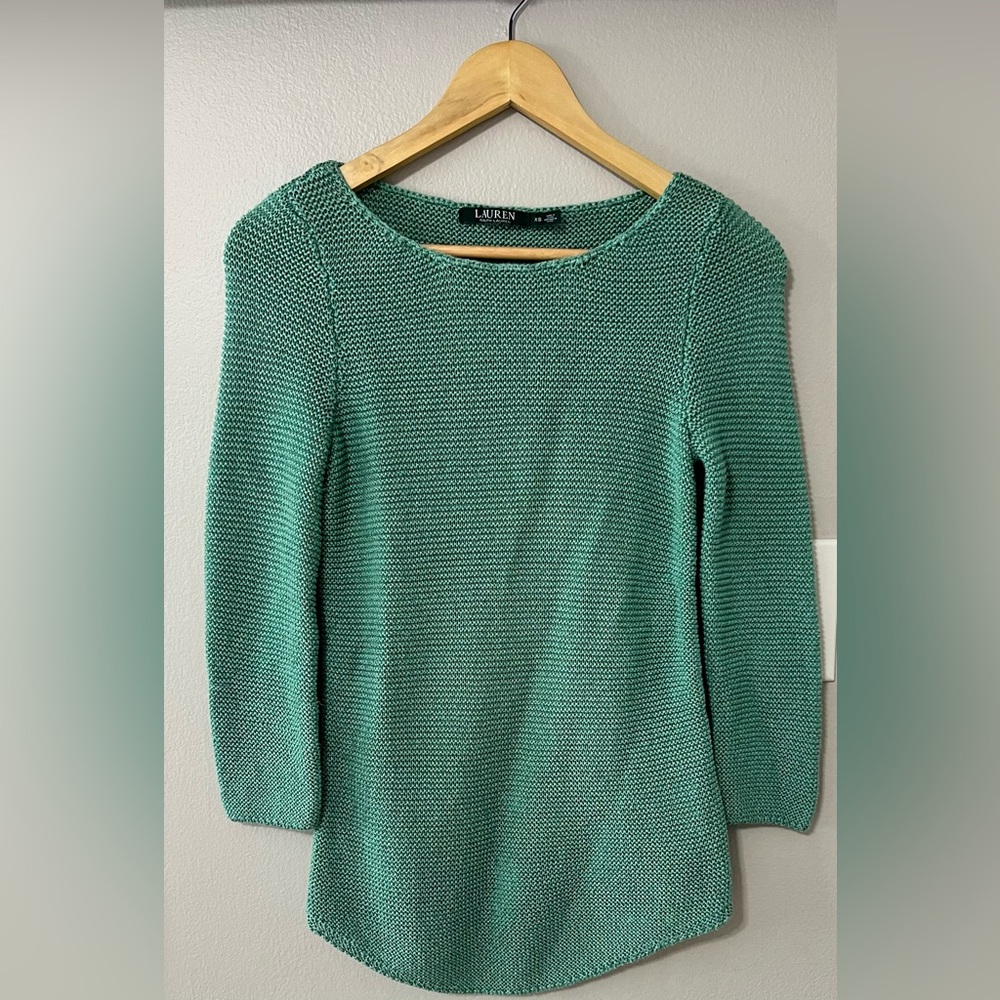 Lauren Ralph Lauren Green Textured Knit Sweater XS Cotton Blend Lightweight